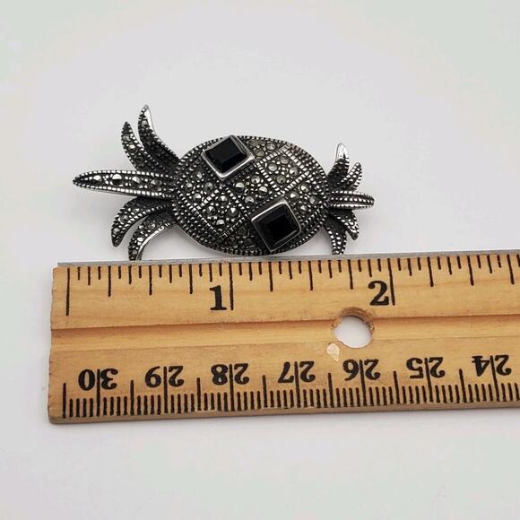 925 Sterling Silver Vintage Black Onyx & Marcasite Pineapple Art-Deco Pin Brooch - Picture 10 of 11